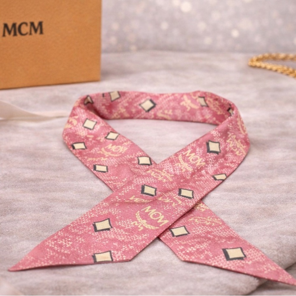 MCM Pink Patterned Silk Skinny Scarf/Twilly